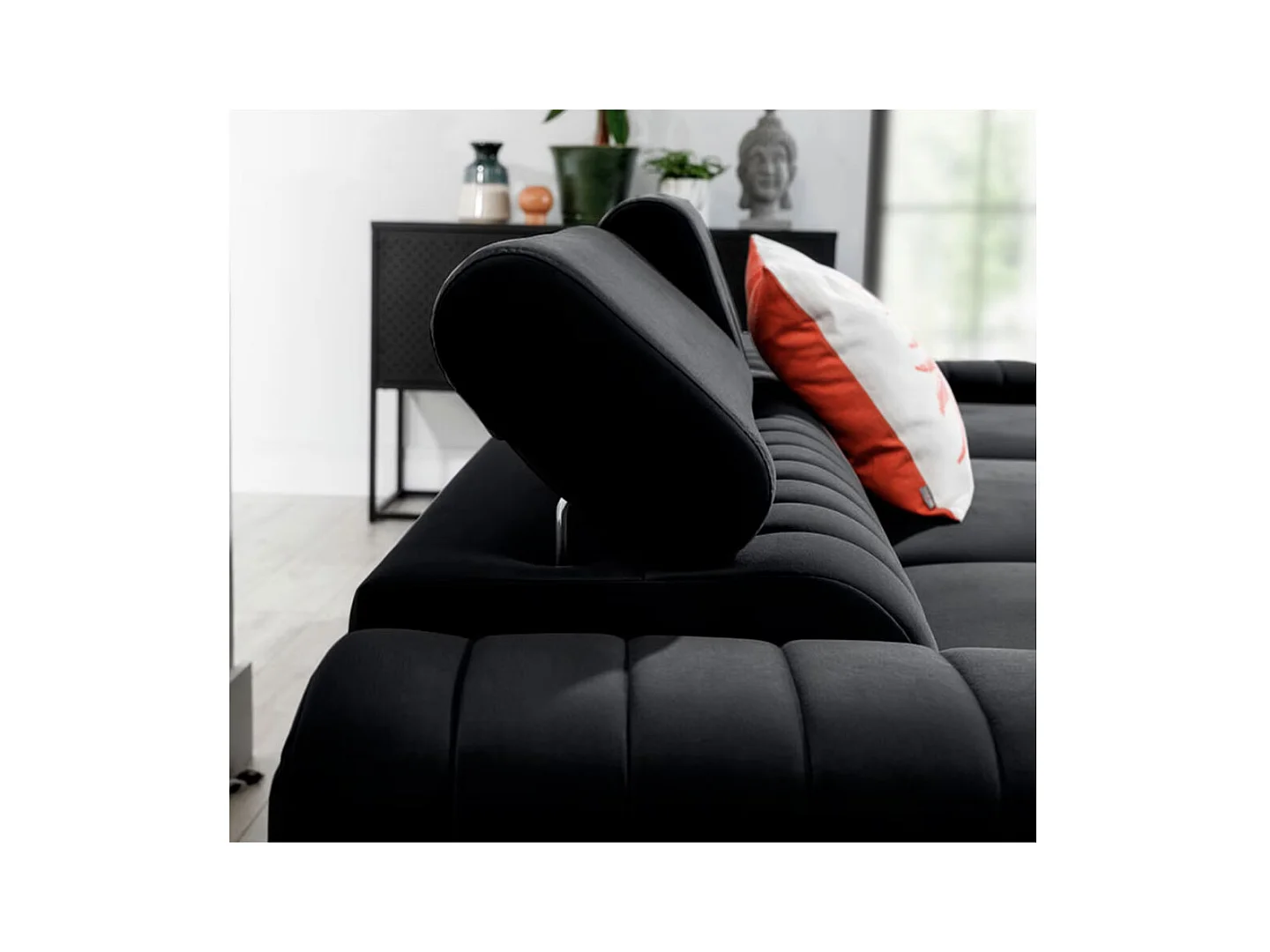 Canapé d'angle convertible velours têtière réglables GRENKY - Coffre, pieds acier chromé-Gris anthracite-angle droit