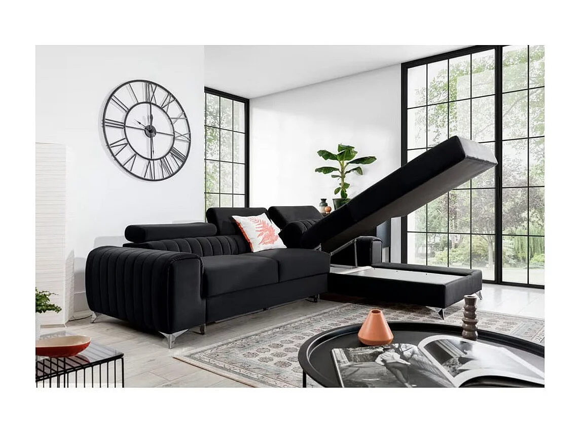 Canapé d'angle convertible velours têtière réglables GRENKY - Coffre, pieds acier chromé-Gris anthracite-angle droit