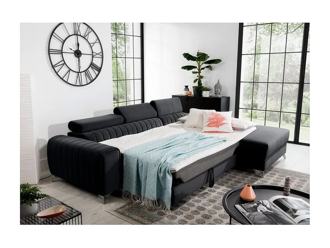 Canapé d'angle convertible velours têtière réglables GRENKY - Coffre, pieds acier chromé-Gris anthracite-angle droit