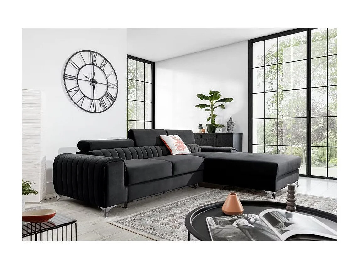 Canapé d'angle convertible velours têtière réglables GRENKY - Coffre, pieds acier chromé-Gris anthracite-angle droit