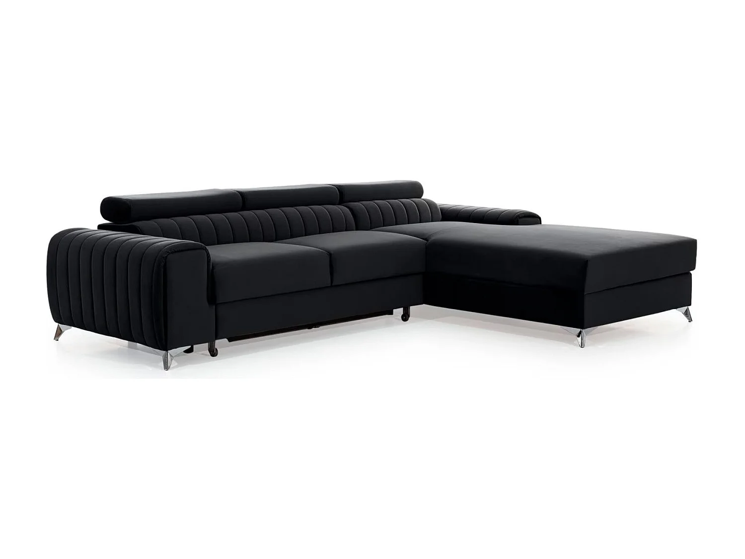 Canapé d'angle convertible velours têtière réglables GRENKY - Coffre, pieds acier chromé-Gris anthracite-angle droit