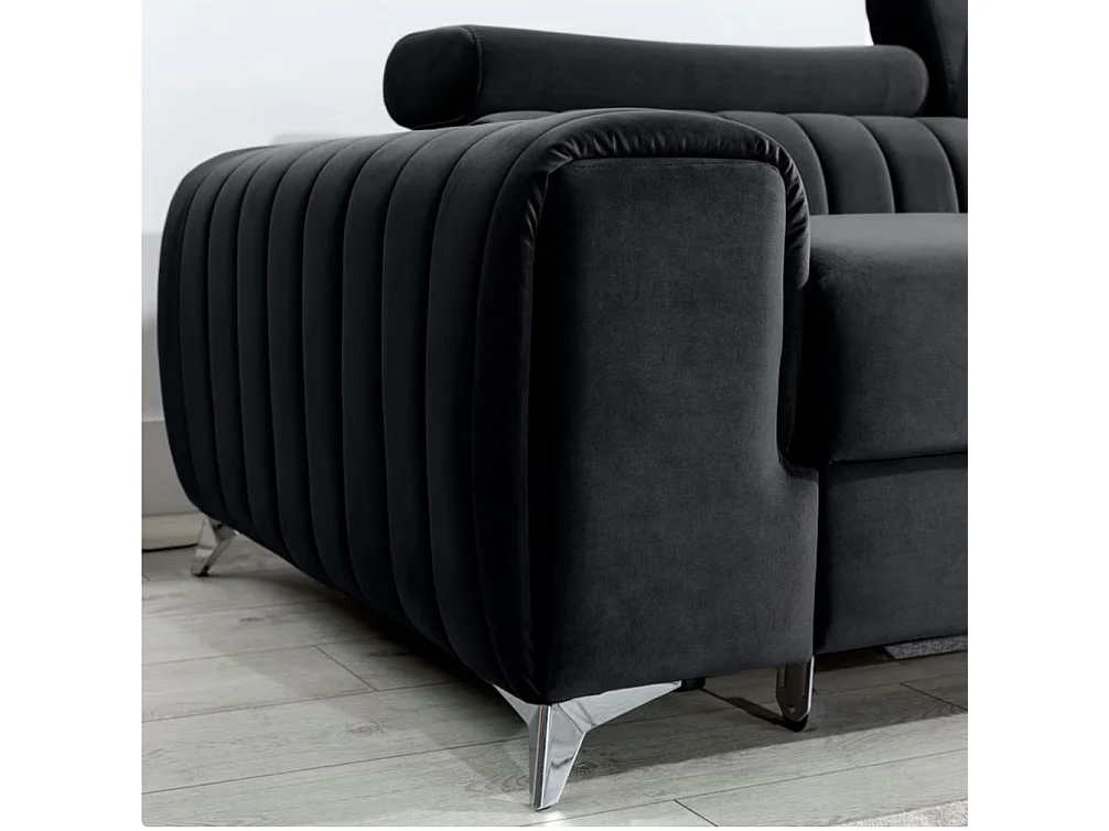 Canapé d'angle convertible velours têtière réglables GRENKY - Coffre, pieds acier chromé-Gris anthracite-angle droit