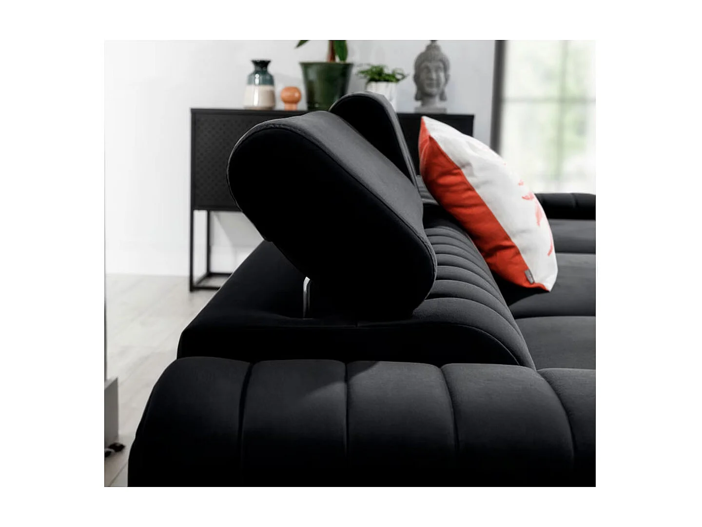 Canapé d'angle convertible velours têtière réglables GRENKY - Coffre, pieds acier chromé-Gris anthracite-angle droit