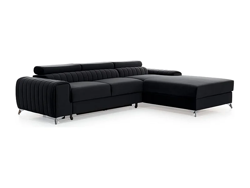 Canapé d'angle convertible velours têtière réglables GRENKY - Coffre, pieds acier chromé-Gris anthracite-angle droit