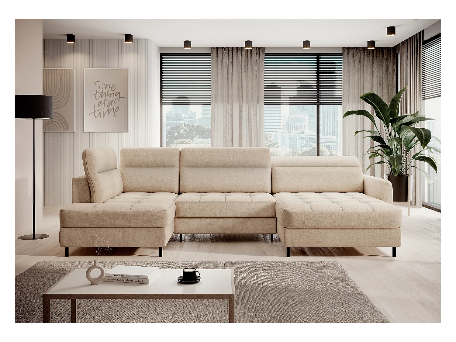 Canapé panoramique convertible BENTO en tissu avec coffre de rangement-Beige clair-angle droit