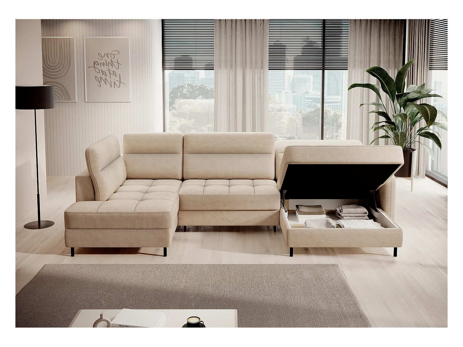 Canapé panoramique convertible BENTO en tissu avec coffre de rangement-Beige clair-angle droit