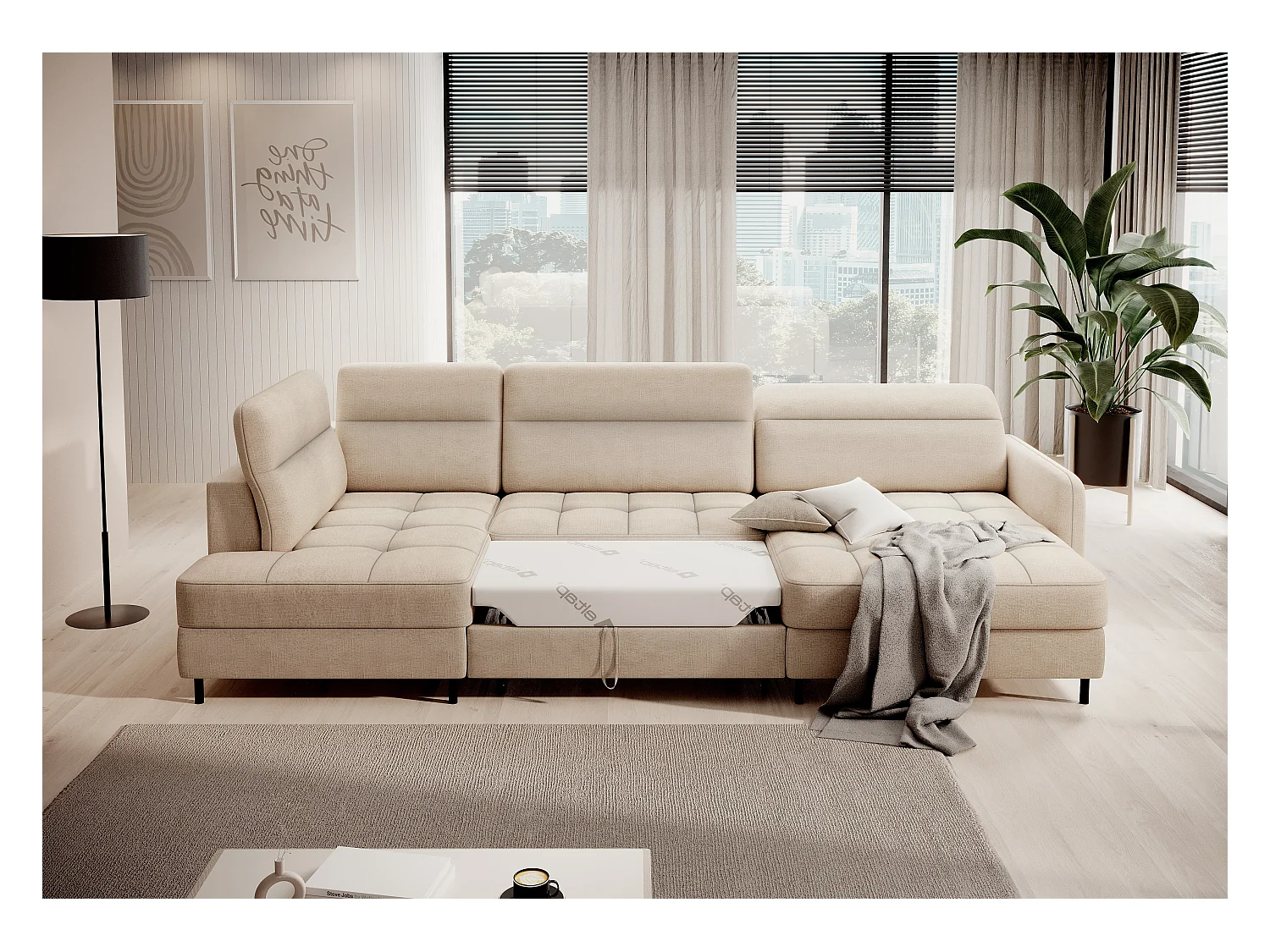 Canapé panoramique convertible BENTO en tissu avec coffre de rangement-Beige clair-angle droit