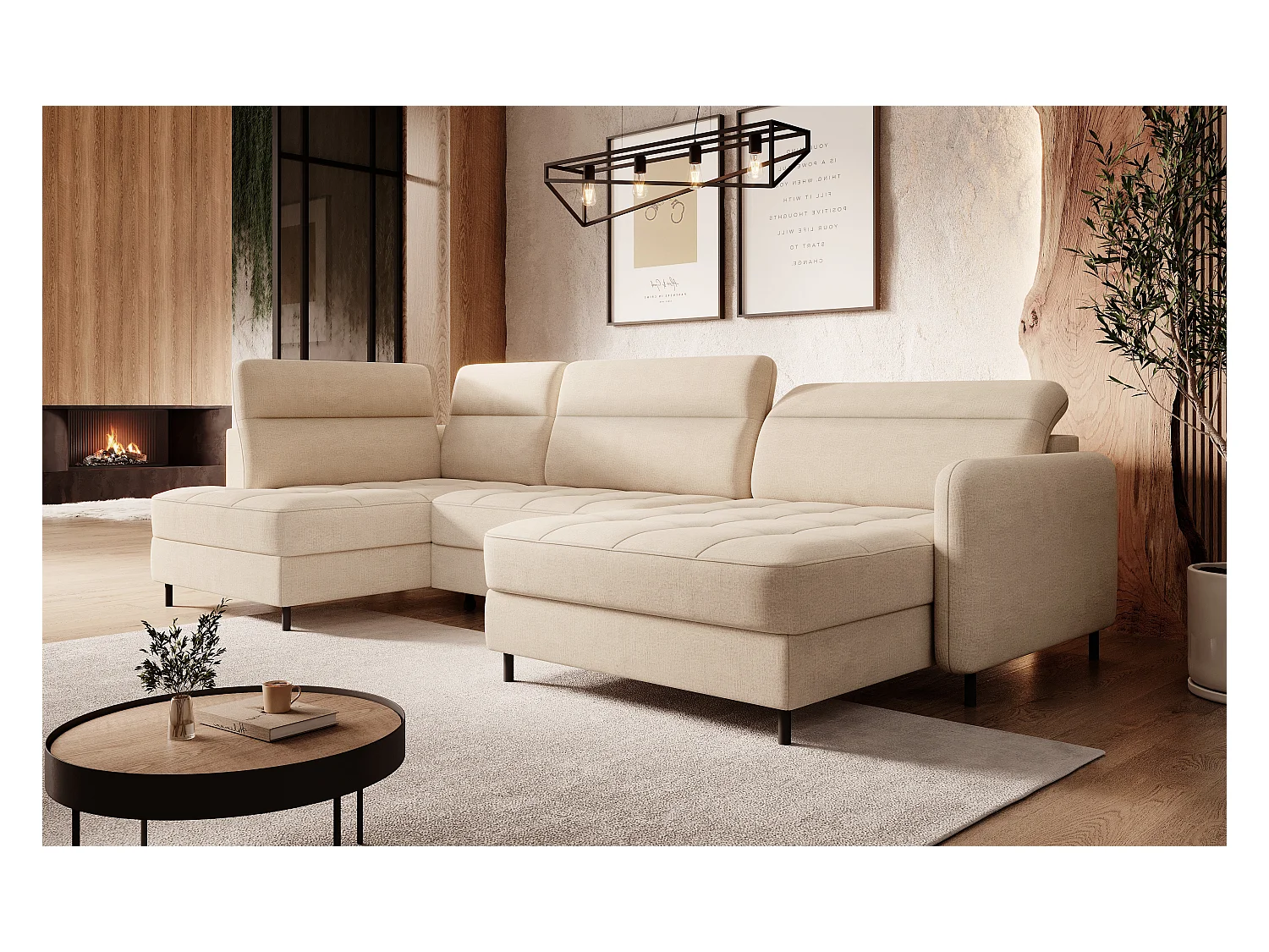 Canapé panoramique convertible BENTO en tissu avec coffre de rangement-Beige clair-angle droit