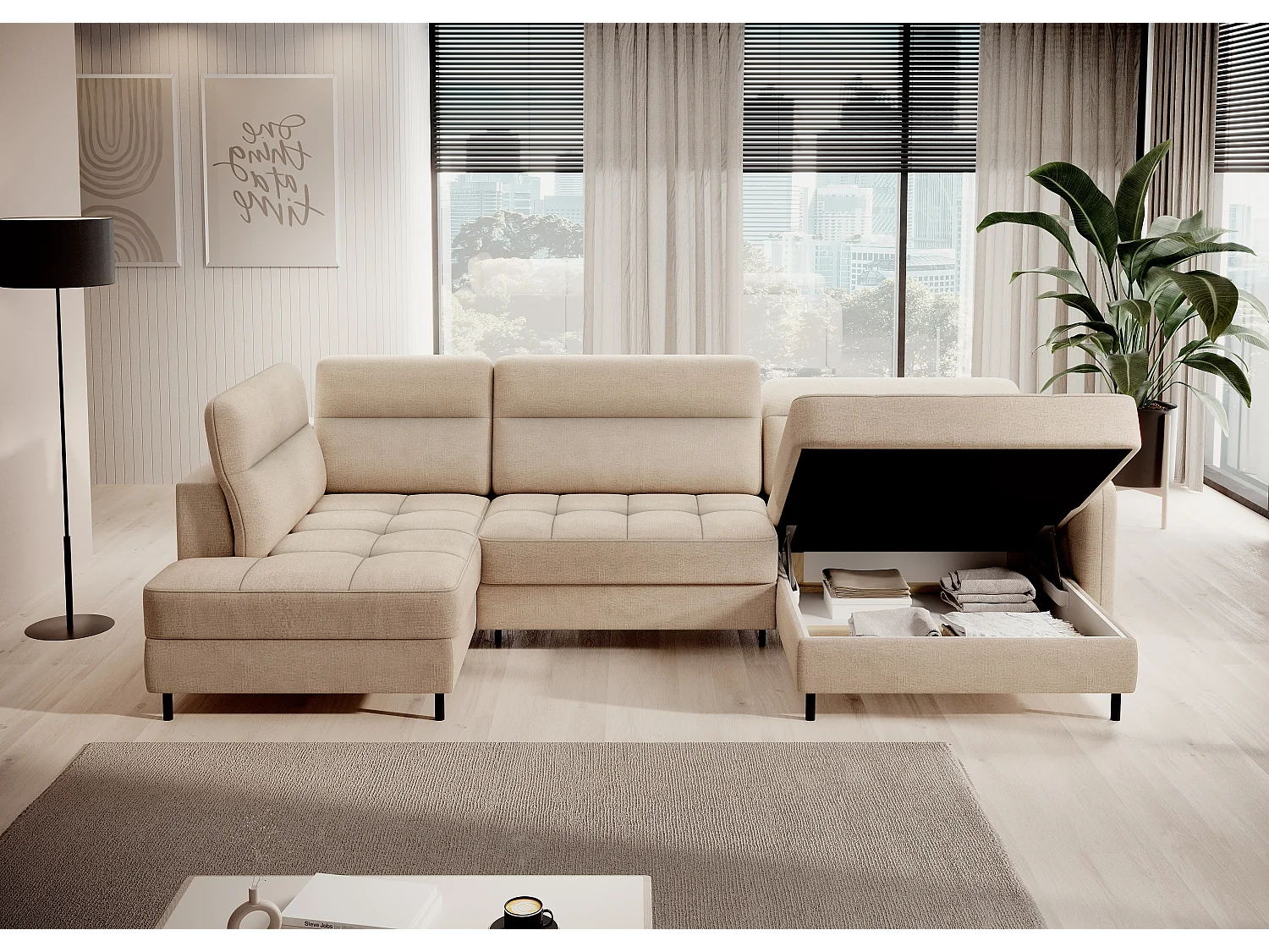 Canapé panoramique convertible BENTO en tissu avec coffre de rangement-Beige clair-angle droit