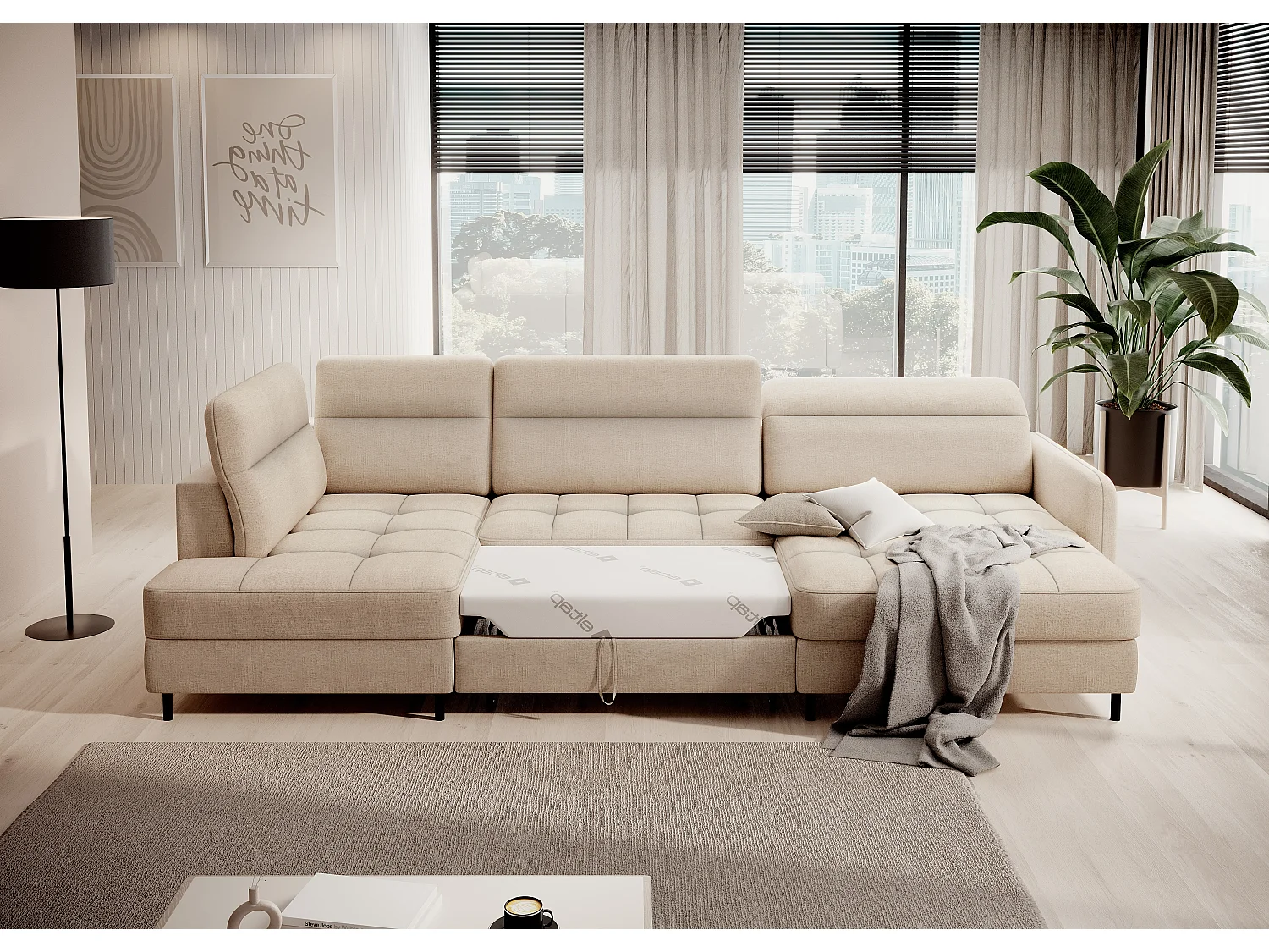 Canapé panoramique convertible BENTO en tissu avec coffre de rangement-Beige clair-angle droit