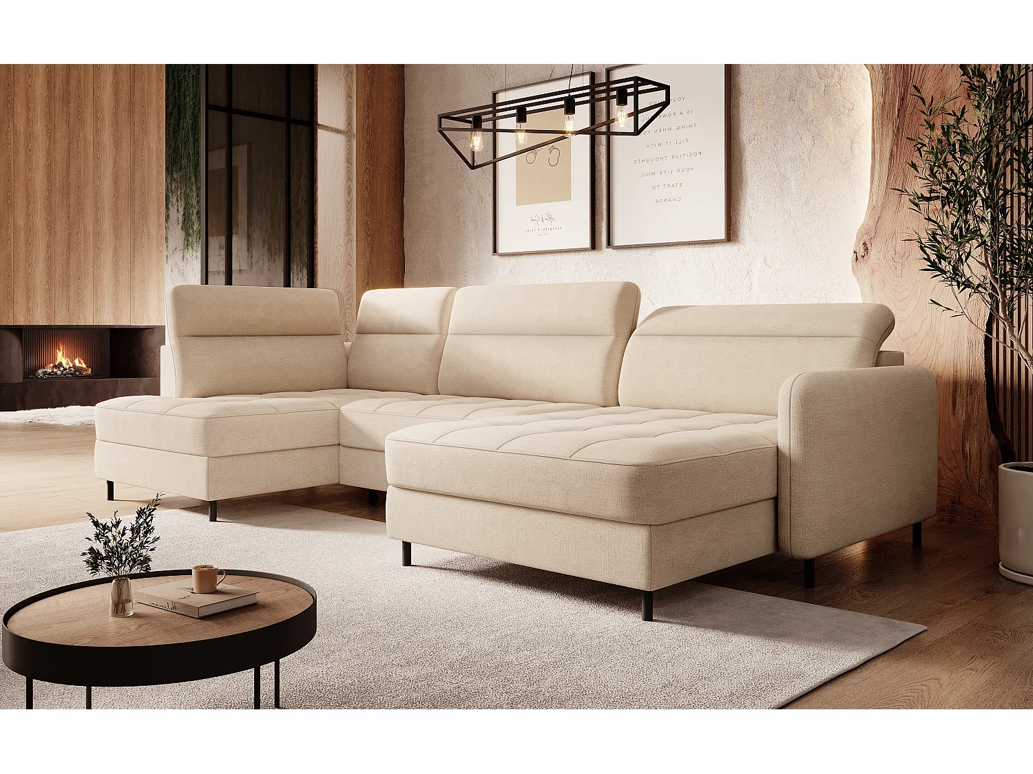 Canapé panoramique convertible BENTO en tissu avec coffre de rangement-Beige clair-angle droit