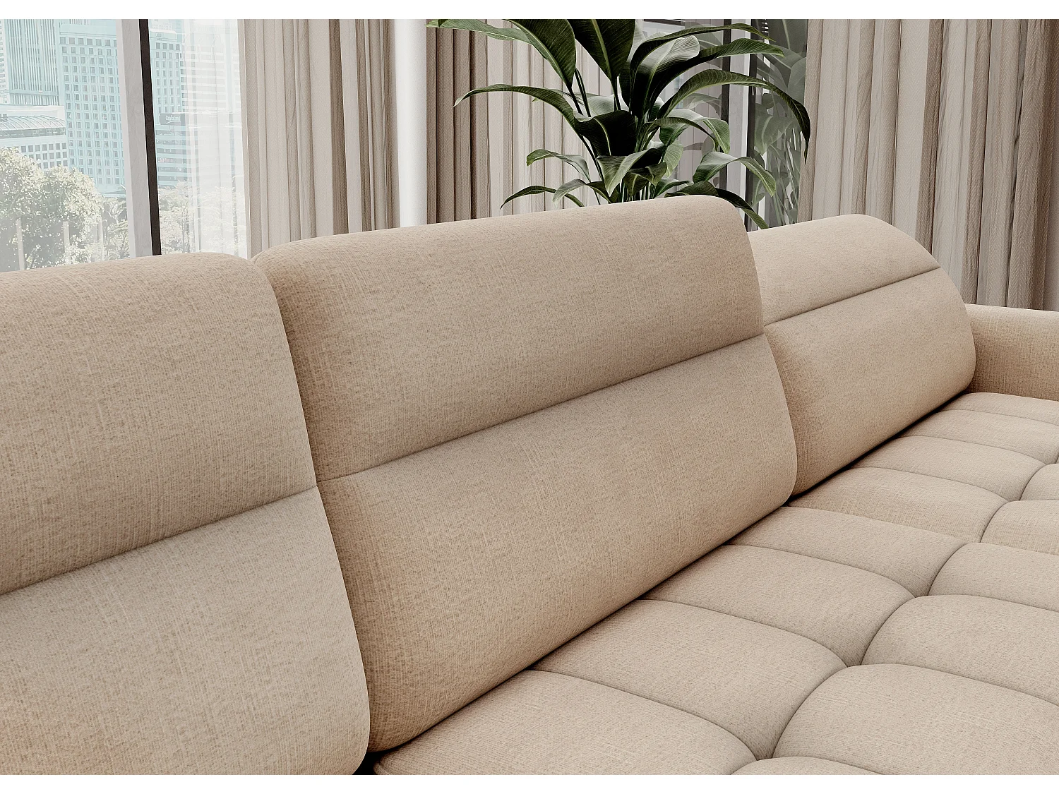 Canapé panoramique convertible BENTO en tissu avec coffre de rangement-Beige clair-angle droit