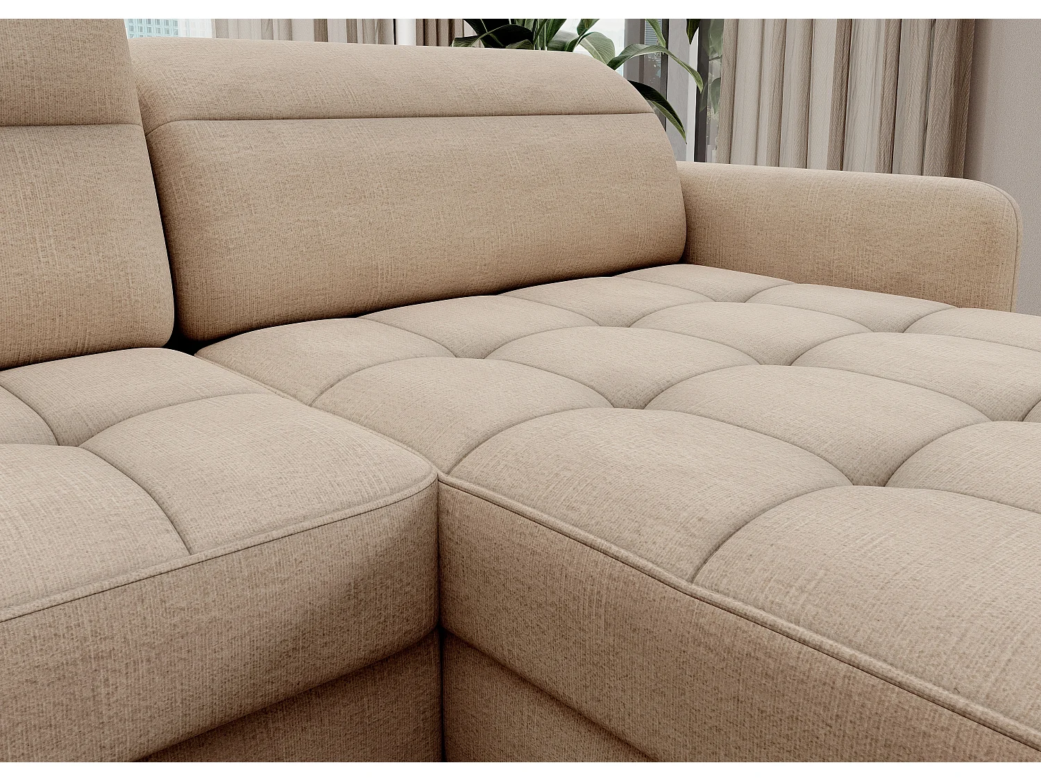 Canapé panoramique convertible BENTO en tissu avec coffre de rangement-Beige clair-angle droit