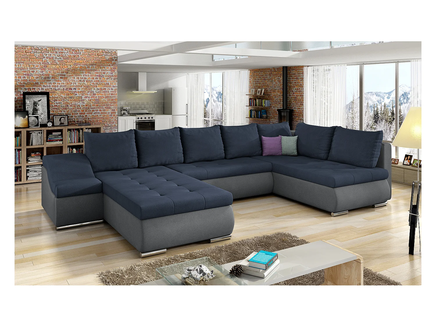 Canapé panoramique convertible JONAZ simili cuir, tissu - Rangement integré-Gris/Bleu foncé-Méridienne A gauche