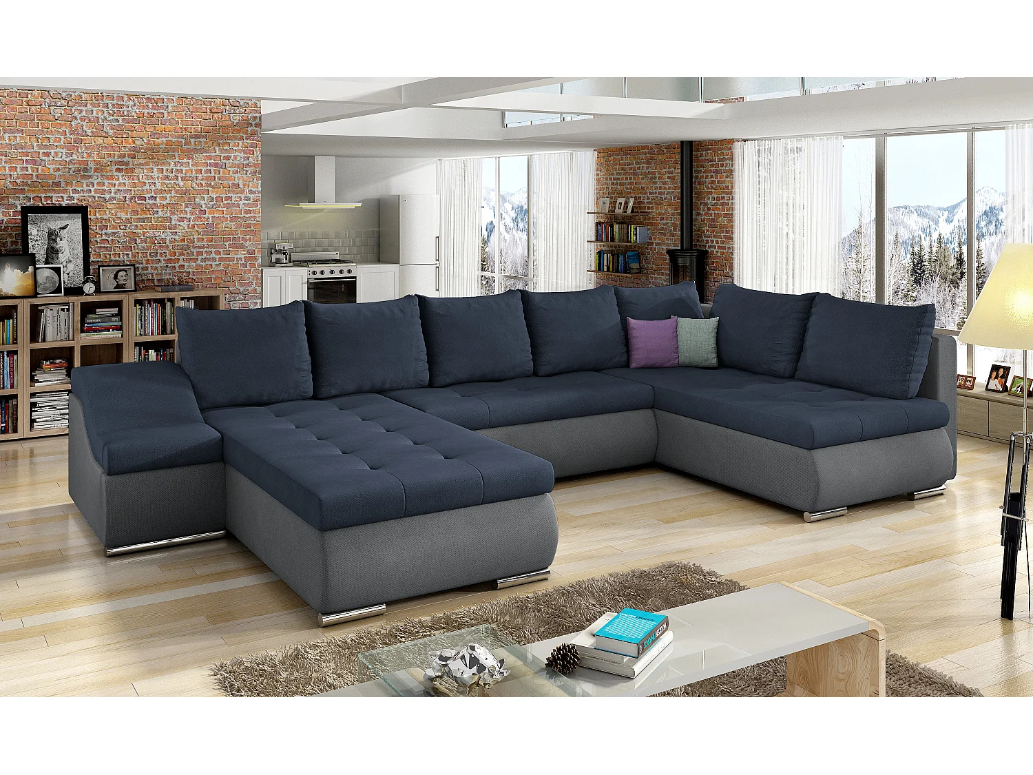 Canapé panoramique convertible JONAZ simili cuir, tissu - Rangement integré-Gris/Bleu foncé-Méridienne A gauche