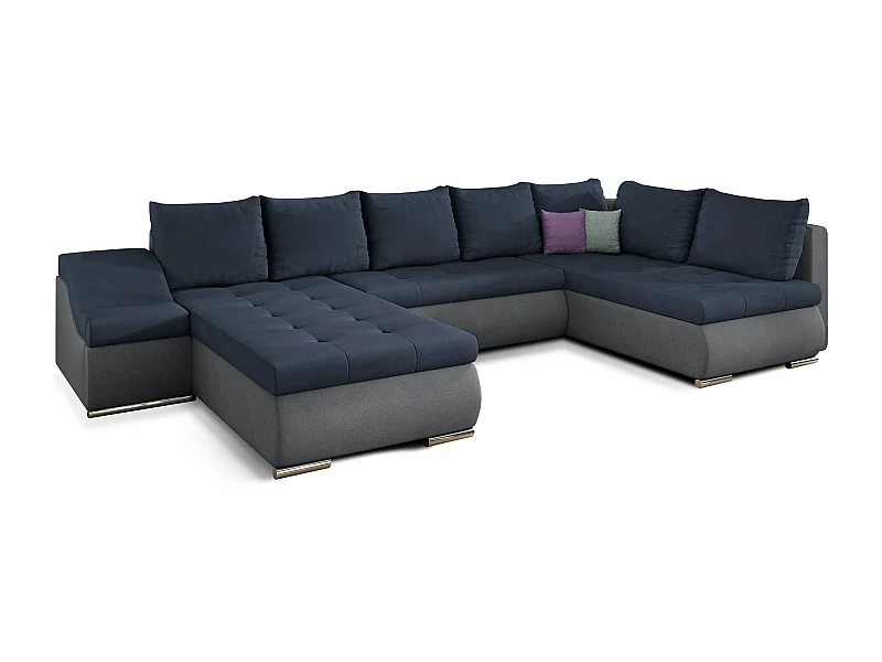 Canapé panoramique convertible JONAZ simili cuir, tissu - Rangement integré-Gris/Bleu foncé-Méridienne A gauche