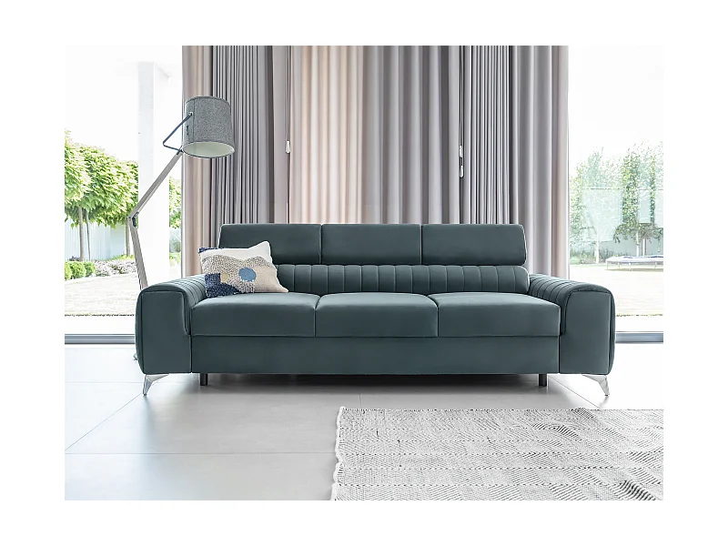 Canapé convertible velours LOZA - Appuis-tête réglables et pieds acier chromé-Bleu charron