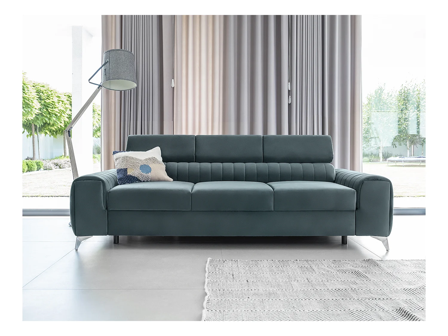 Canapé convertible velours LOZA - Appuis-tête réglables et pieds acier chromé-Bleu charron