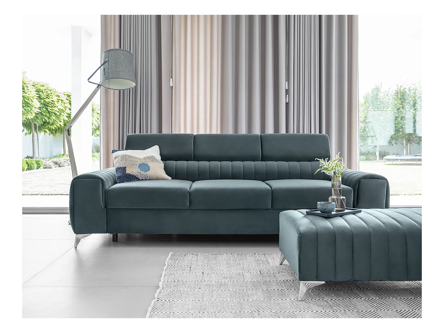 Canapé convertible velours LOZA - Appuis-tête réglables et pieds acier chromé-Bleu charron