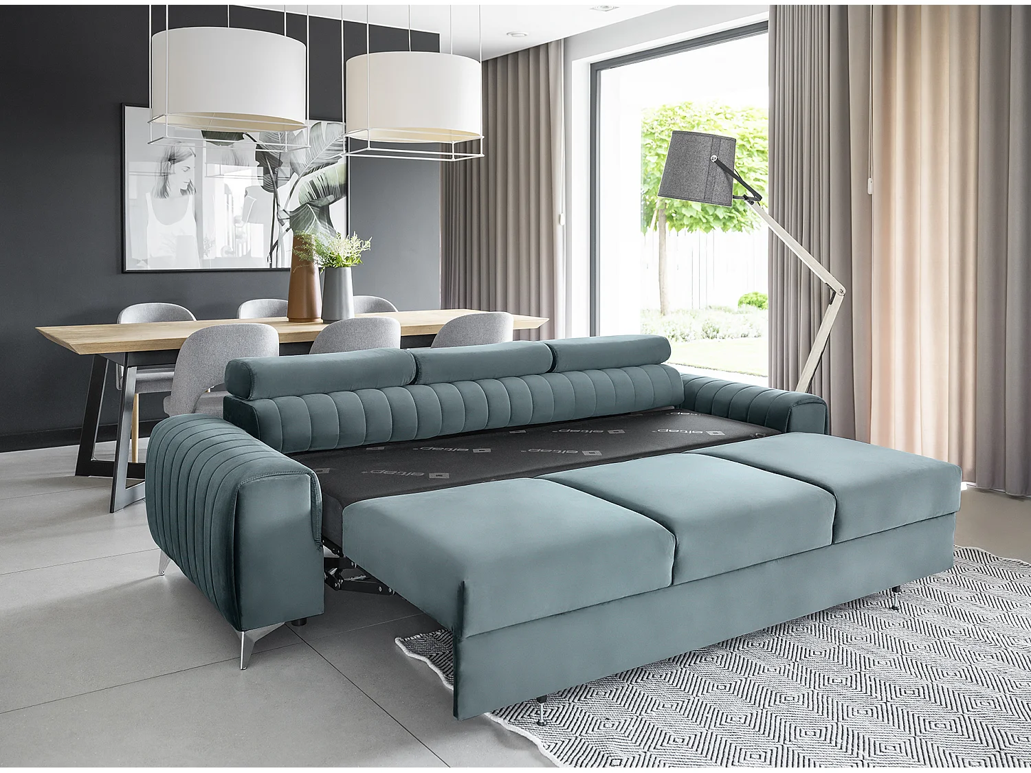 Canapé convertible velours LOZA - Appuis-tête réglables et pieds acier chromé-Bleu charron