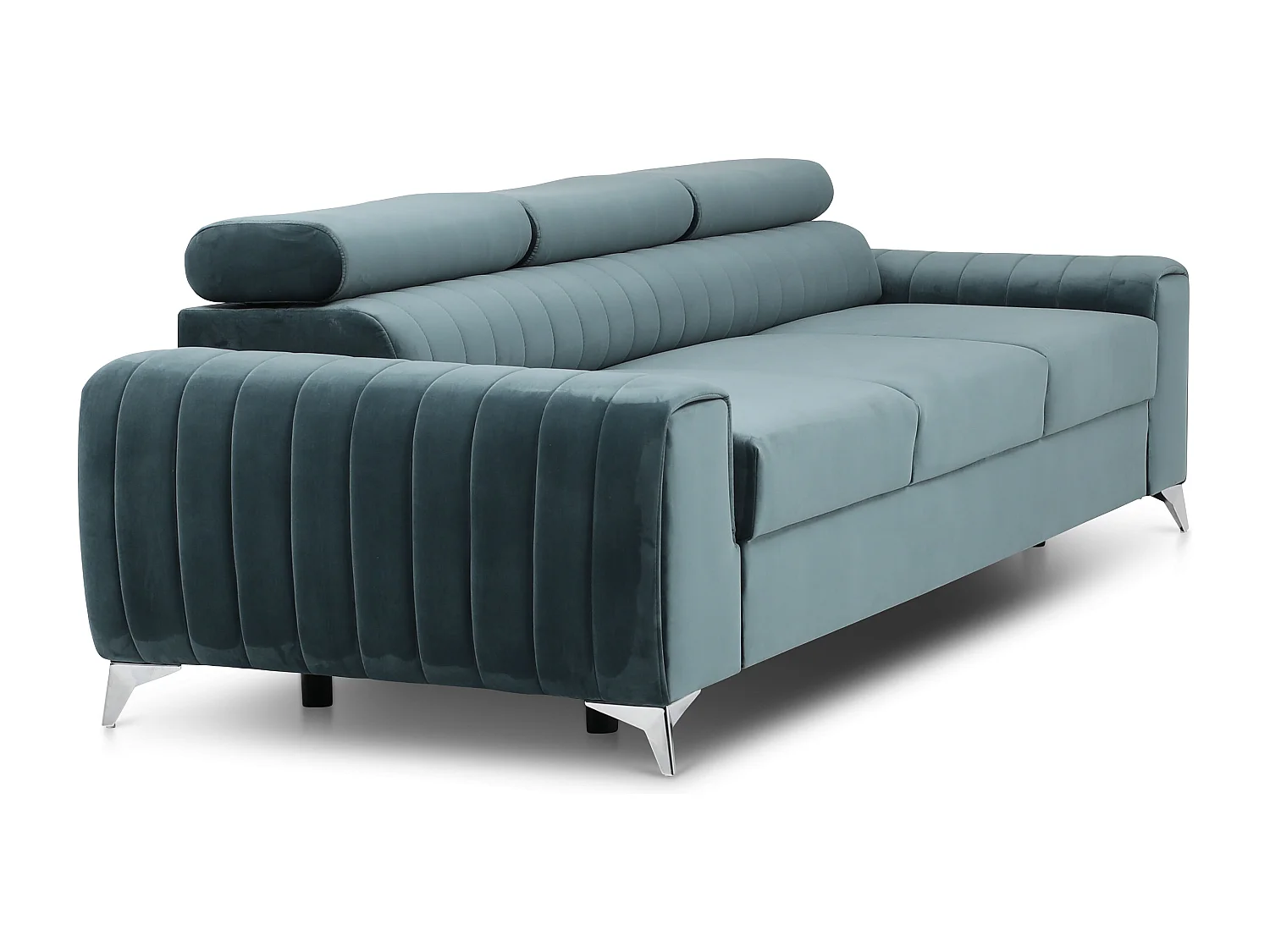 Canapé convertible velours LOZA - Appuis-tête réglables et pieds acier chromé-Bleu charron