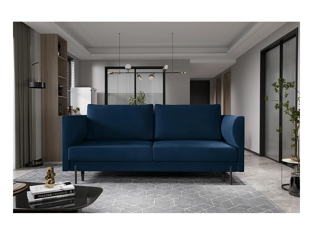 Canapé convertible en velours ROBBY – Rangement et pieds métal noir-Bleu