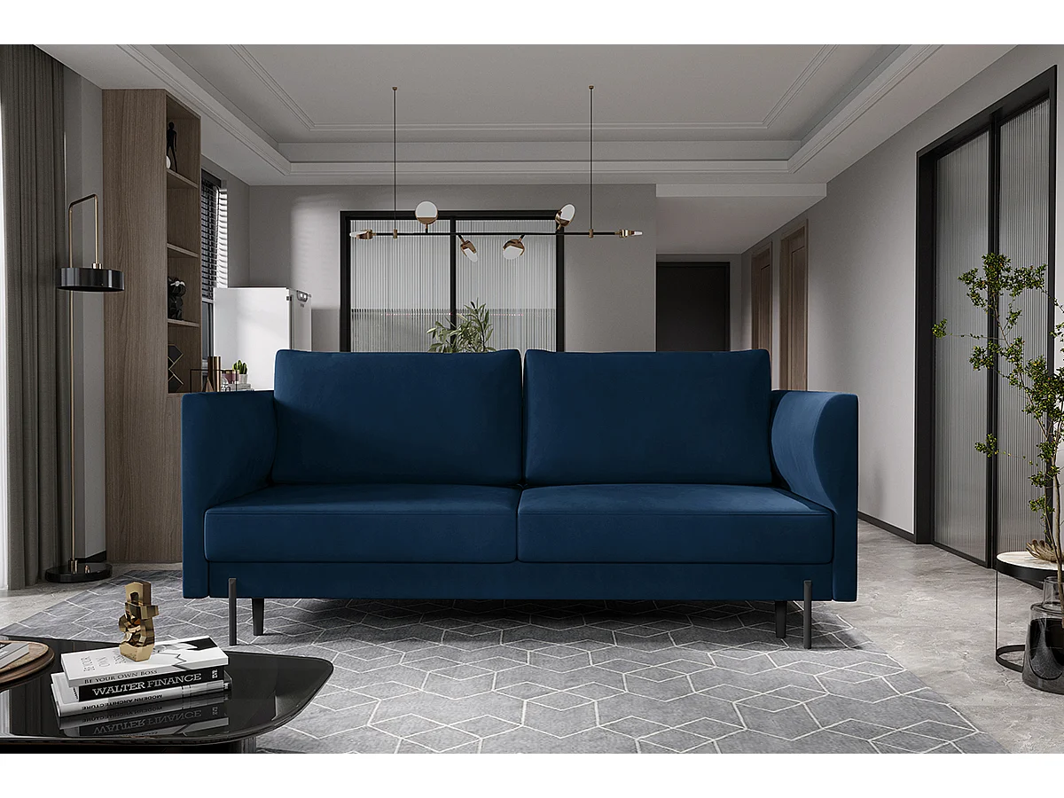 Canapé convertible en velours ROBBY – Rangement et pieds métal noir-Bleu