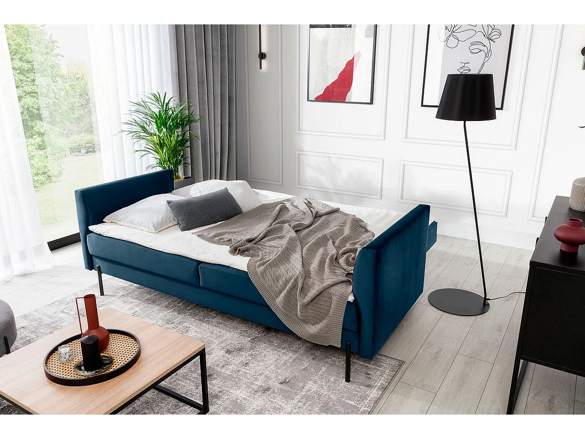 Canapé convertible en velours ROBBY – Rangement et pieds métal noir-Bleu