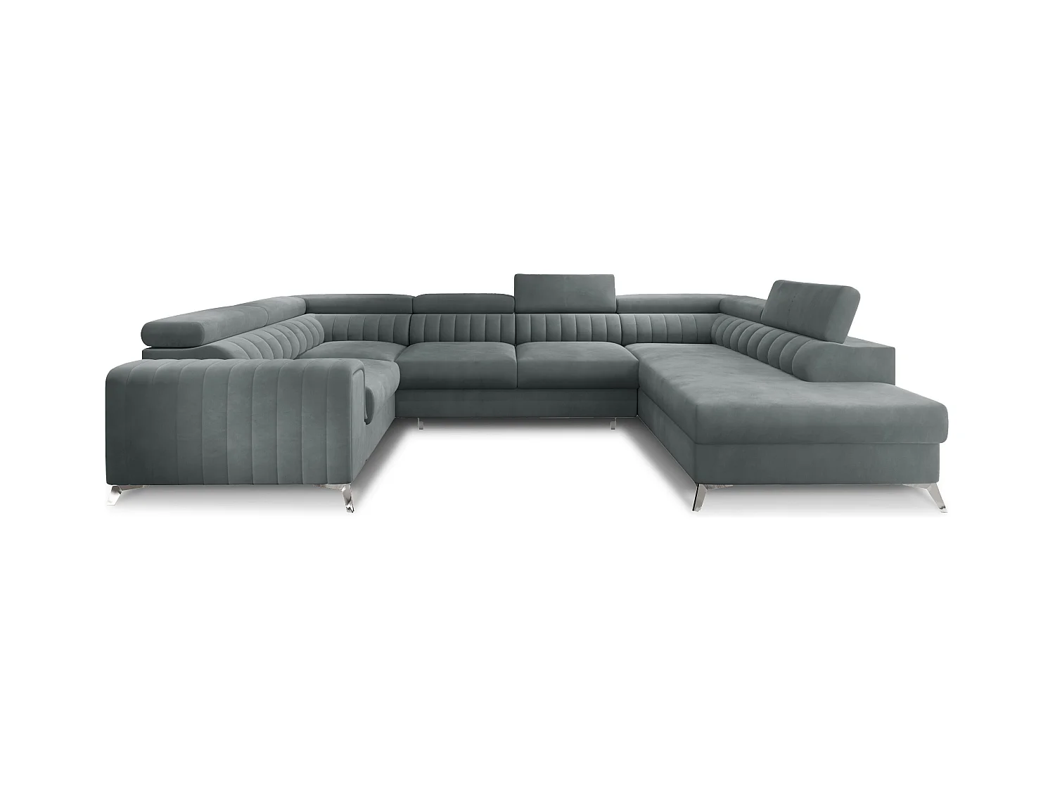 Canapé panoramique convertible LOUVE velours - Rangement et têtières réglables-Gris-Coffre à droite