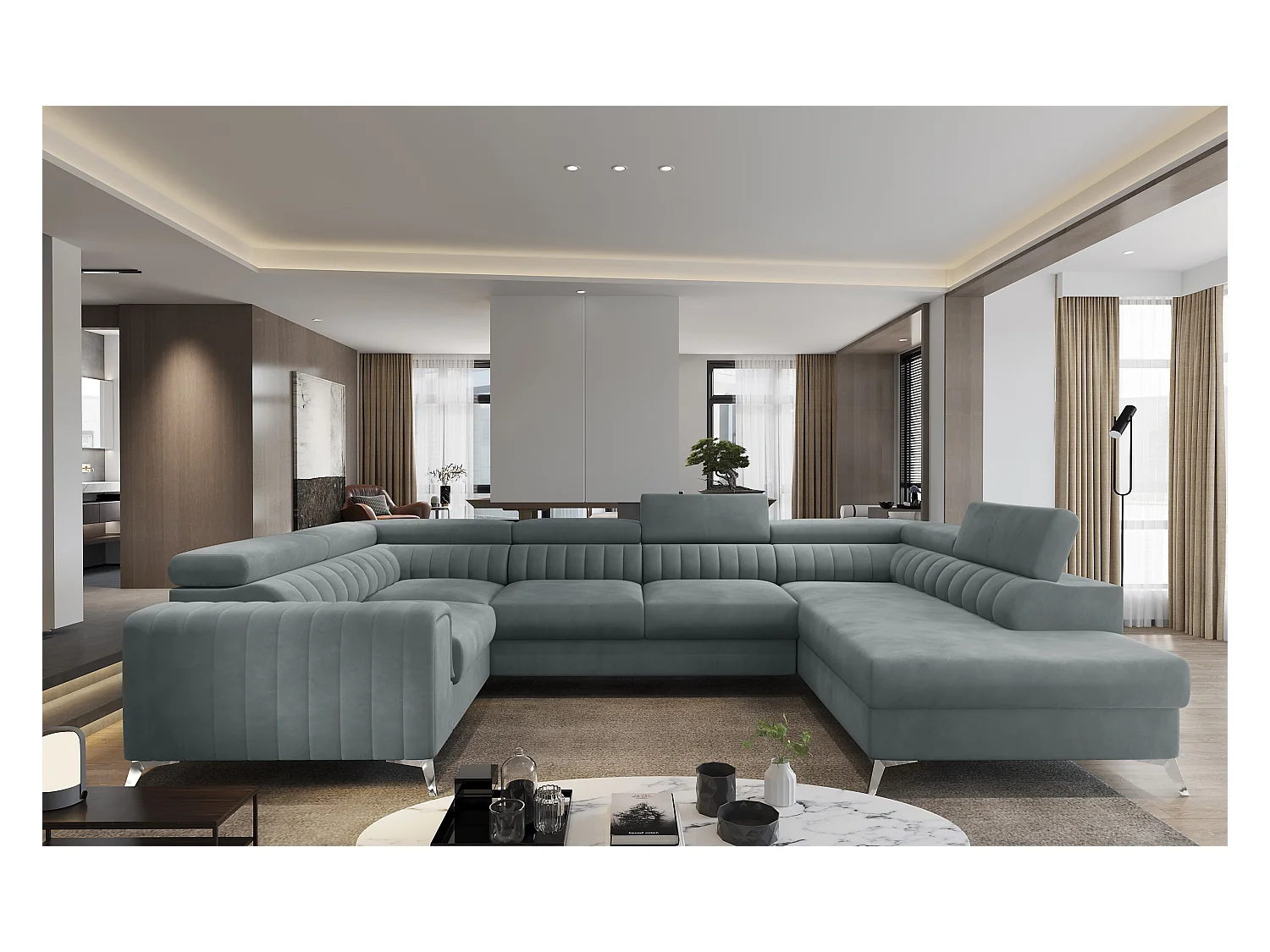 Canapé panoramique convertible LOUVE velours - Rangement et têtières réglables-Gris-Coffre à droite