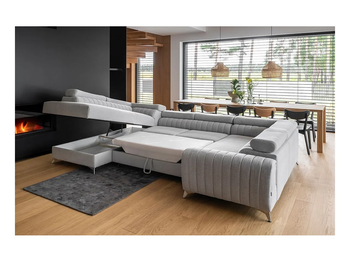 Canapé panoramique convertible LOUVE velours - Rangement et têtières réglables-Gris-Coffre à droite