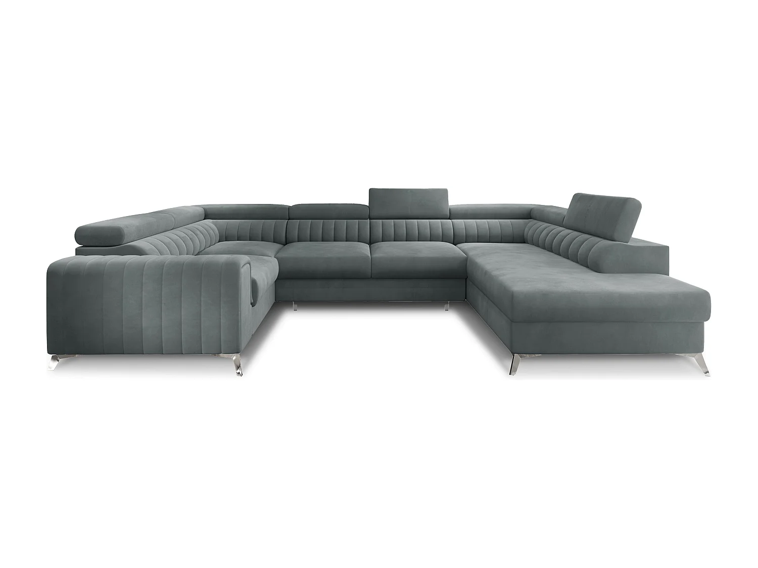 Canapé panoramique convertible LOUVE velours - Rangement et têtières réglables-Gris-Coffre à droite