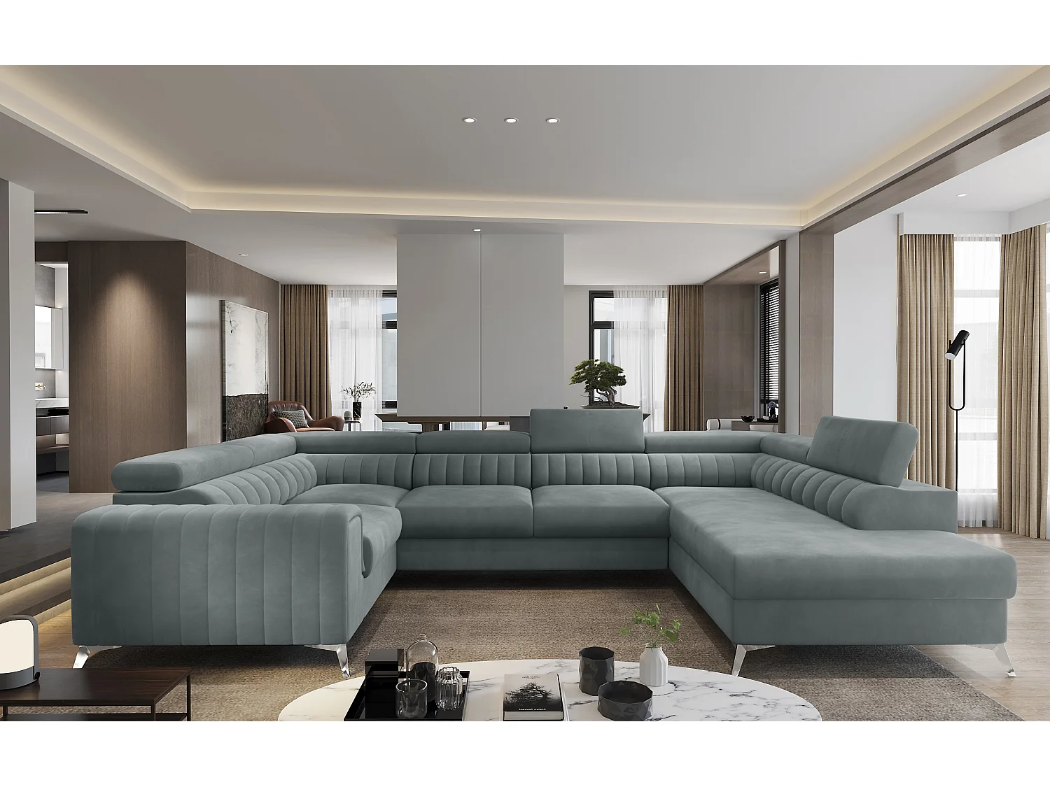 Canapé panoramique convertible LOUVE velours - Rangement et têtières réglables-Gris-Coffre à droite