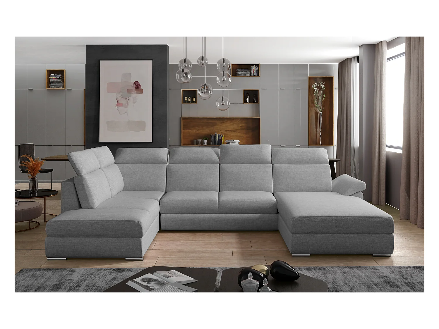 Canapé panoramique convertible LEVANO tissu - Rangement et appuie-têtes réglables-Gris clair chiné-Coffre à droite