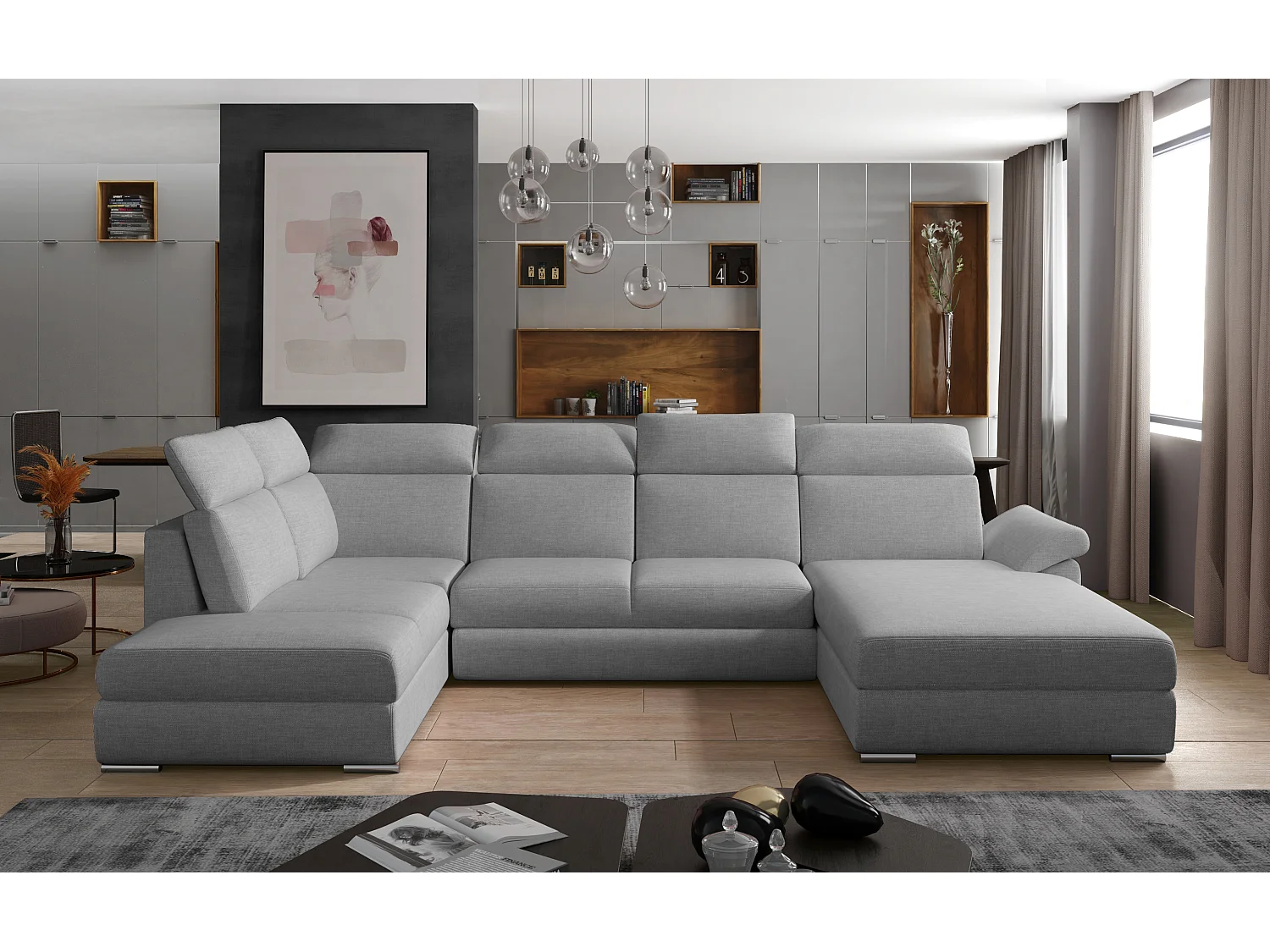 Canapé panoramique convertible LEVANO tissu - Rangement et appuie-têtes réglables-Gris clair chiné-Coffre à droite