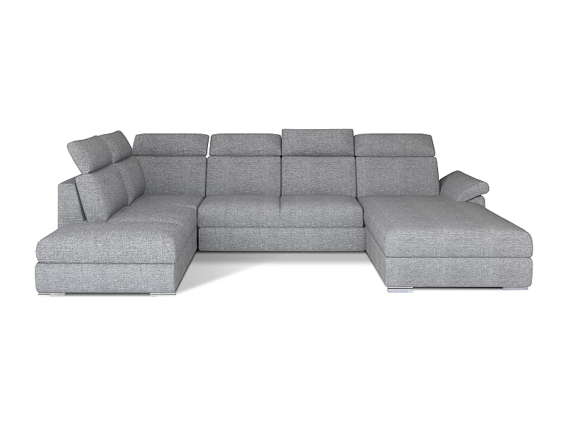 Canapé panoramique convertible LEVANO tissu - Rangement et appuie-têtes réglables-Gris clair chiné-Coffre à droite