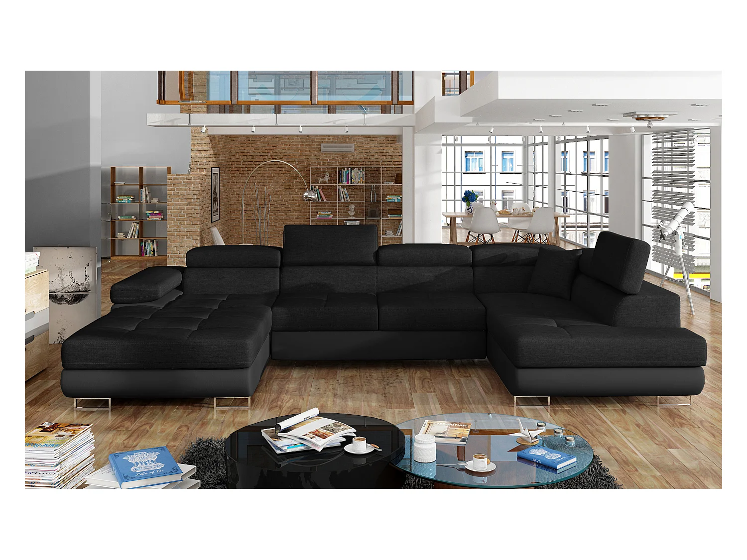 Canapé panoramique convertible ROMANO - Rangement et appuie-têtes réglables-Noir/Noir-Coffre à droite