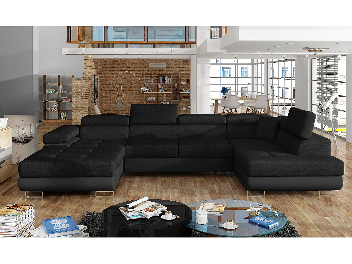 Canapé panoramique convertible ROMANO - Rangement et appuie-têtes réglables-Noir/Noir-Coffre à droite