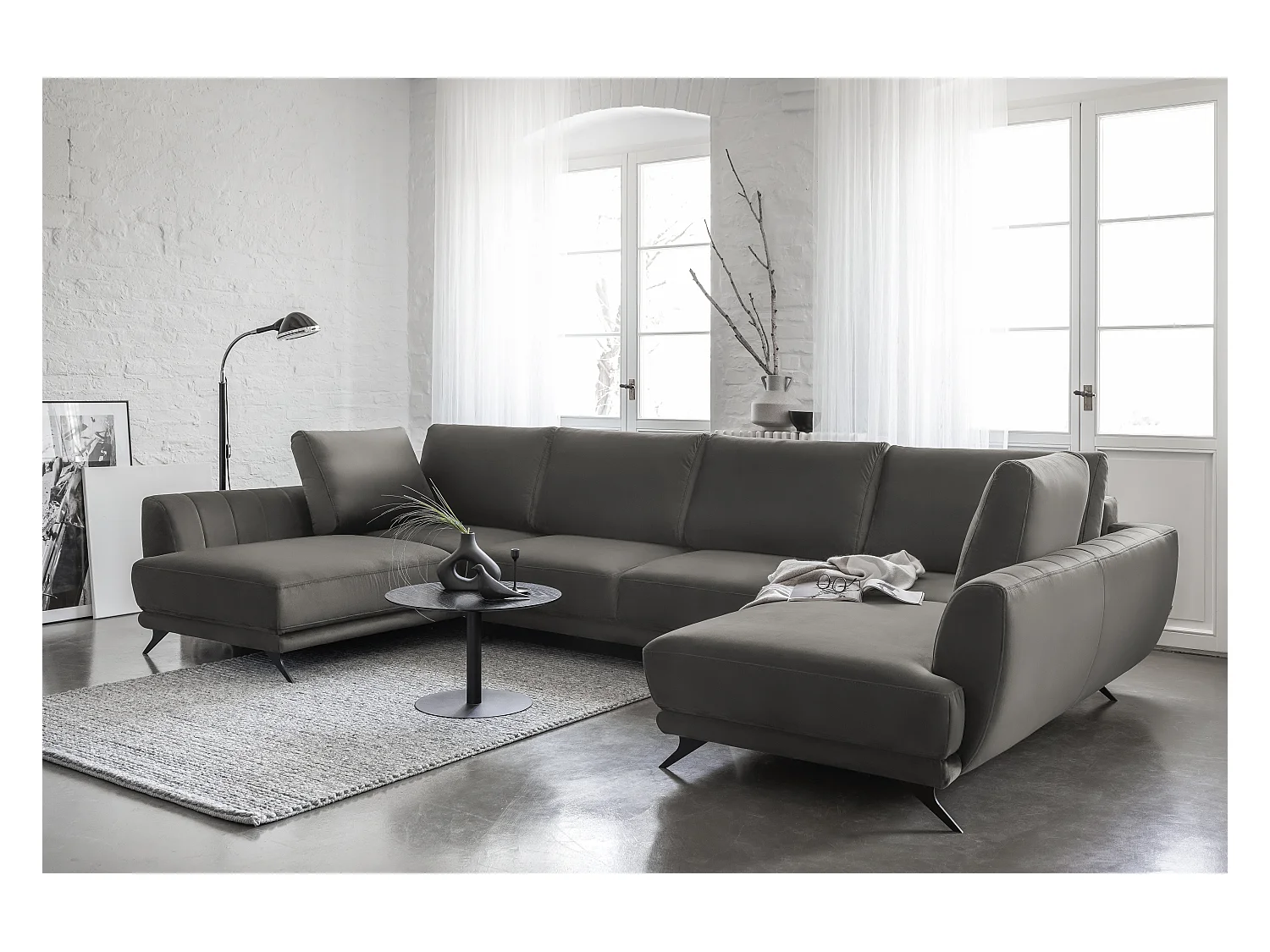 Canapé panoramique convertible LARGOS - Velours irrésistiblement douillet-Gris taupe