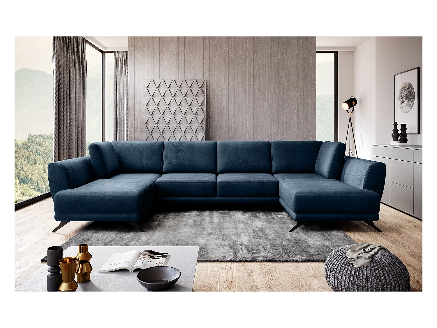 Canapé panoramique convertible LARGOS - Velours irrésistiblement douillet-Gris taupe