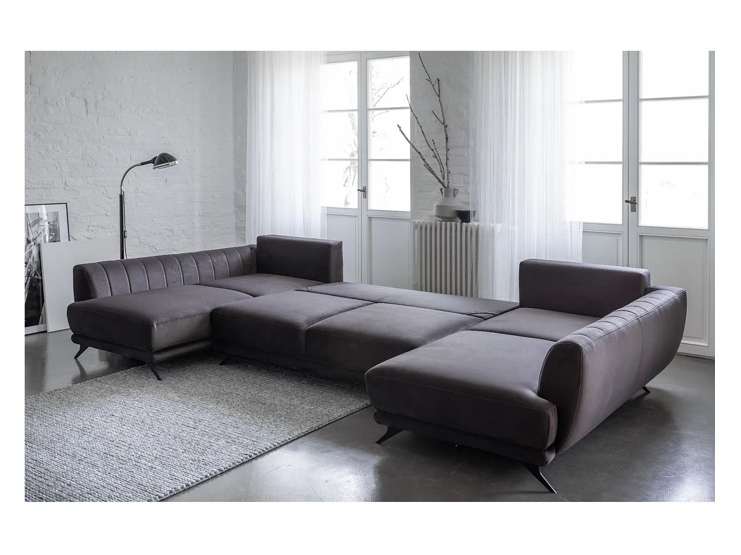 Canapé panoramique convertible LARGOS - Velours irrésistiblement douillet-Gris taupe