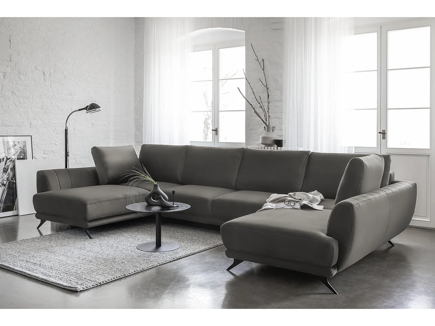 Canapé panoramique convertible LARGOS - Velours irrésistiblement douillet-Gris taupe