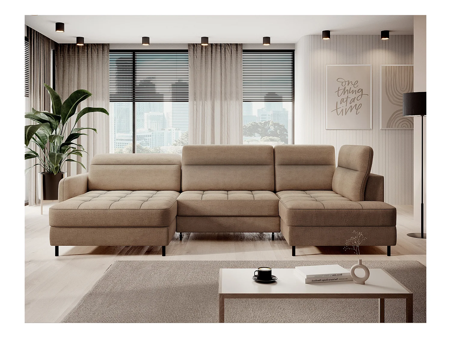 Canapé panoramique convertible BENTO en tissu avec coffre de rangement-Marron clair-angle gauche