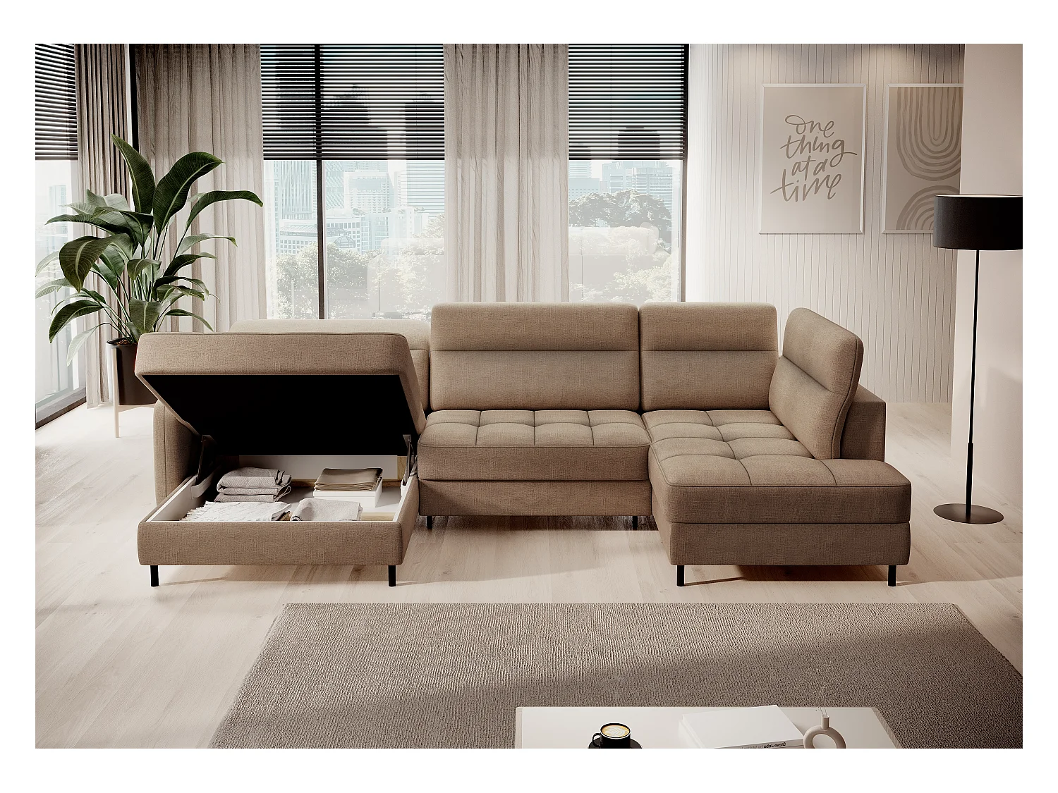 Canapé panoramique convertible BENTO en tissu avec coffre de rangement-Marron clair-angle gauche