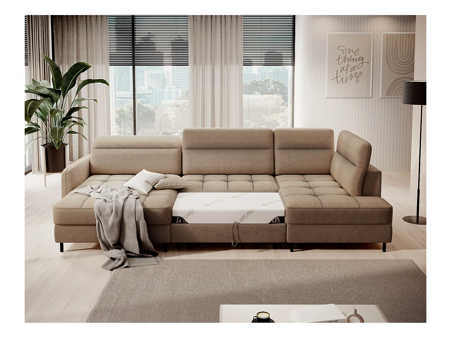 Canapé panoramique convertible BENTO en tissu avec coffre de rangement-Marron clair-angle gauche