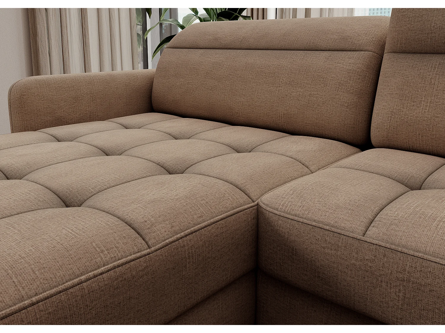 Canapé panoramique convertible BENTO en tissu avec coffre de rangement-Marron clair-angle gauche