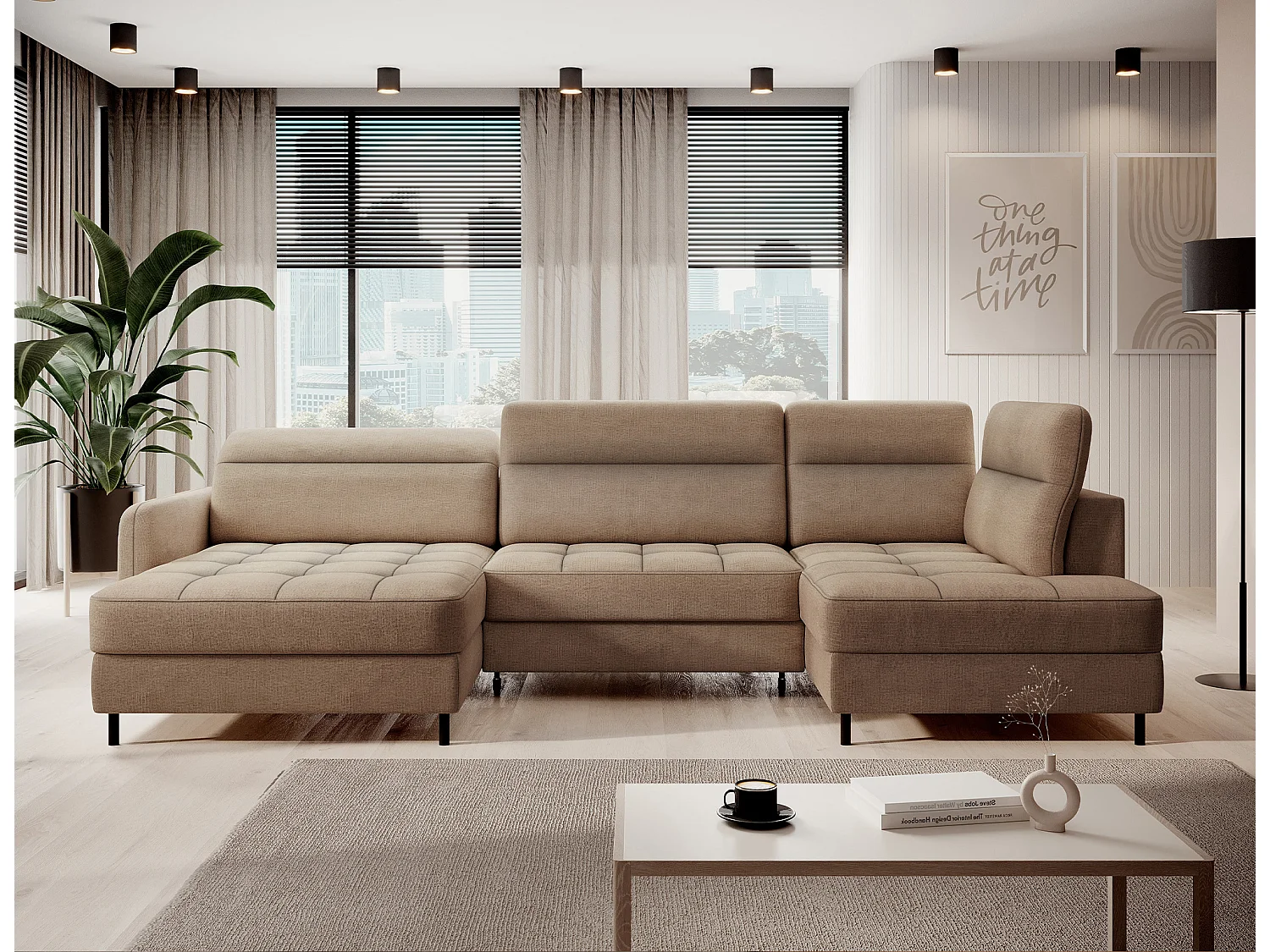 Canapé panoramique convertible BENTO en tissu avec coffre de rangement-Marron clair-angle gauche