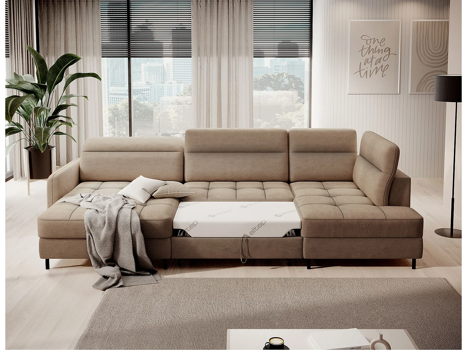 Canapé panoramique convertible BENTO en tissu avec coffre de rangement-Marron clair-angle gauche