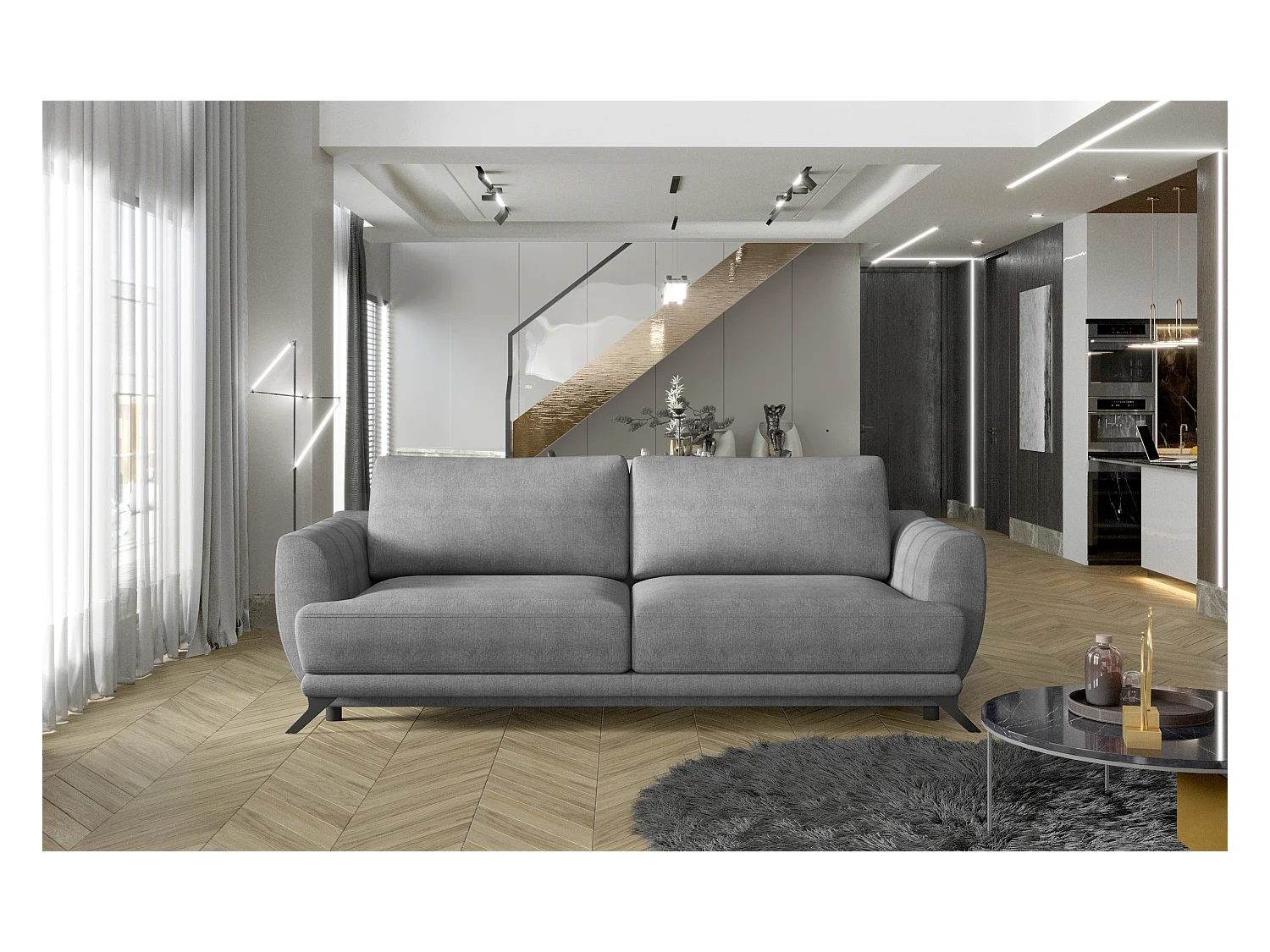 Canapé convertible en tissu MAGY - Design minimaliste avec pieds métal noir-Gris clair