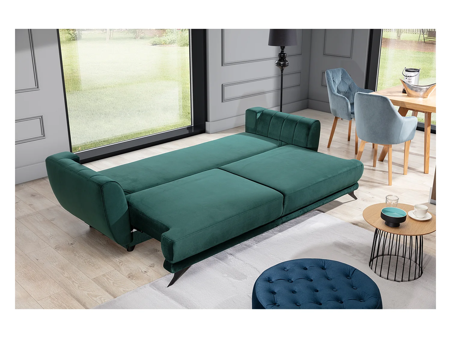 Canapé convertible en tissu MAGY - Design minimaliste avec pieds métal noir-Gris clair